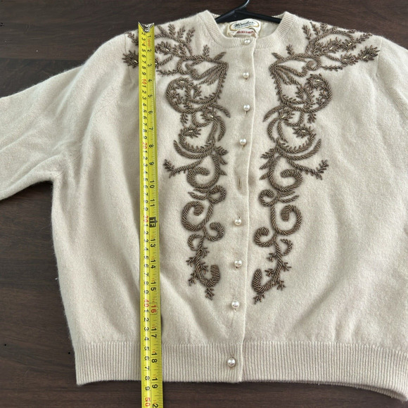 Vtg 50's Hand Beaded Angora & Lambswool Cardigan Sweater Women's Small Coquette - Picture 12 of 15